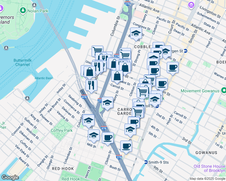 map of restaurants, bars, coffee shops, grocery stores, and more near 166 Summit Street in Brooklyn