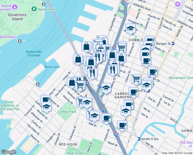 map of restaurants, bars, coffee shops, grocery stores, and more near 8 Woodhull Street in Brooklyn