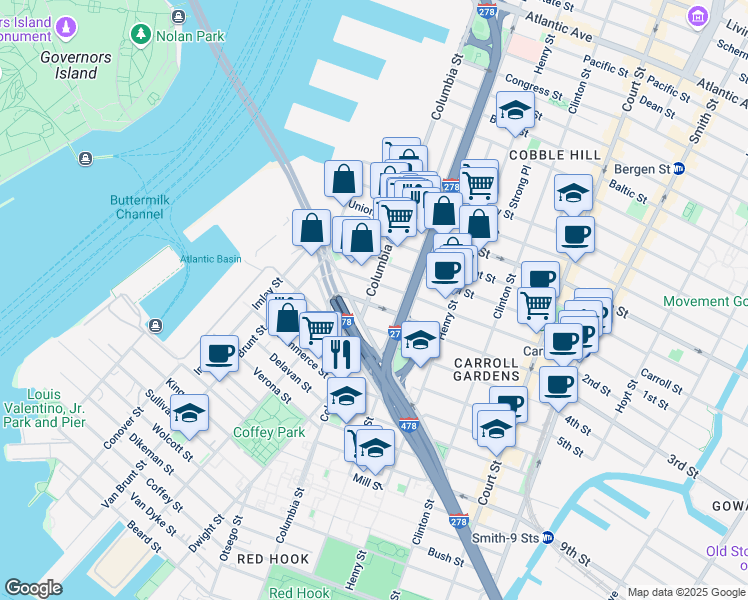 map of restaurants, bars, coffee shops, grocery stores, and more near 8 Woodhull Street in Brooklyn