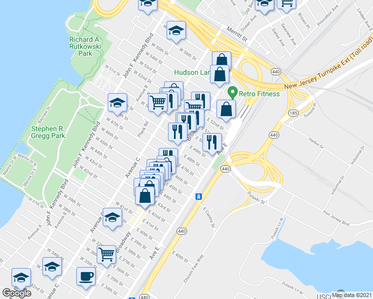 map of restaurants, bars, coffee shops, grocery stores, and more near 990 Broadway in Bayonne