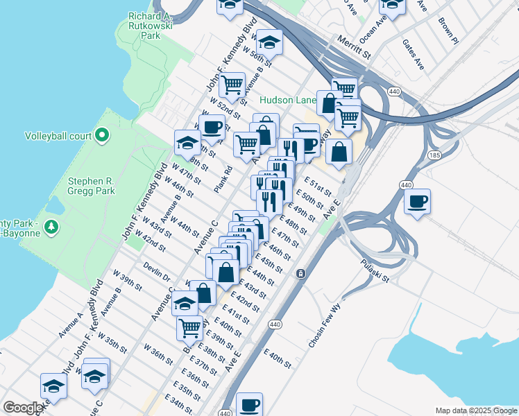 map of restaurants, bars, coffee shops, grocery stores, and more near 21 West 47th Street in Bayonne