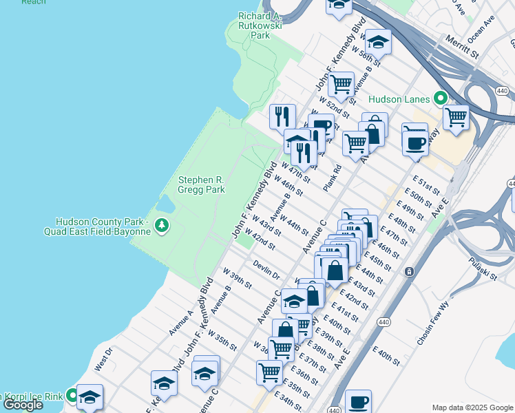 map of restaurants, bars, coffee shops, grocery stores, and more near 135 Avenue B in Bayonne