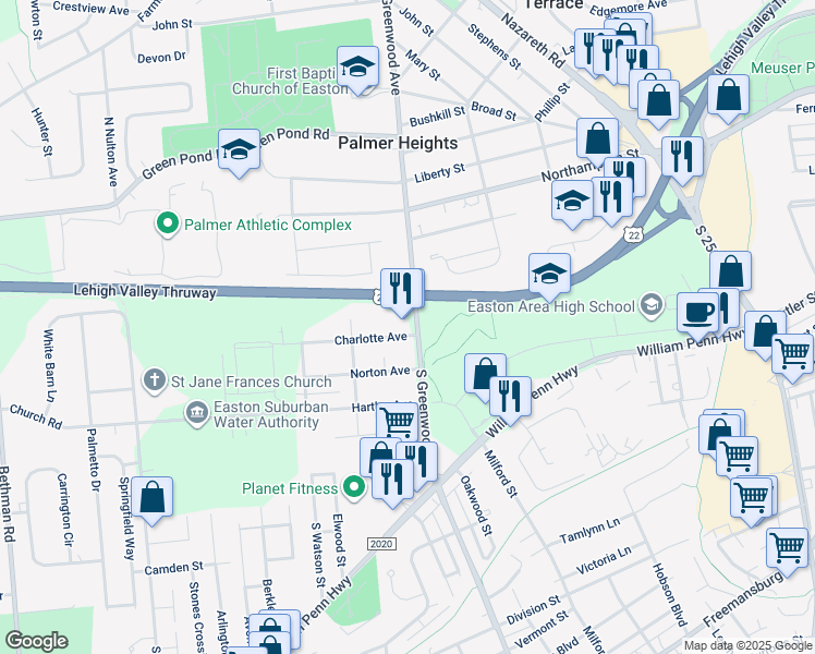 map of restaurants, bars, coffee shops, grocery stores, and more near 2831 Charlotte Avenue in Easton