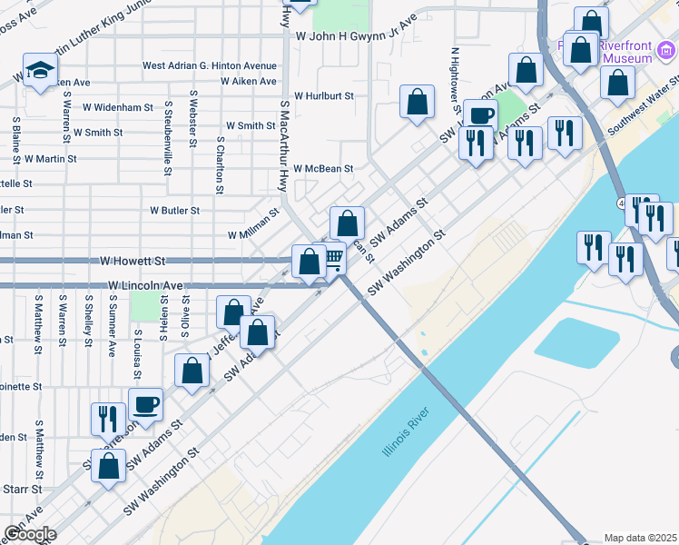 map of restaurants, bars, coffee shops, grocery stores, and more near 1400 SW Adams St in Peoria