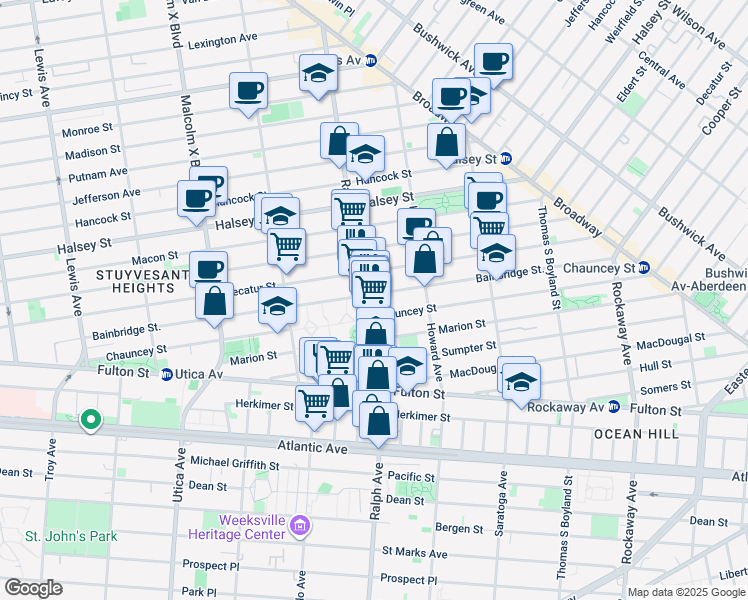 map of restaurants, bars, coffee shops, grocery stores, and more near 364 Bainbridge Street in Brooklyn