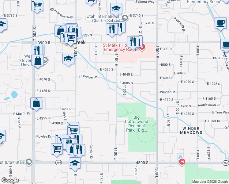 map of restaurants, bars, coffee shops, grocery stores, and more near 1084 Hillview Drive in Millcreek