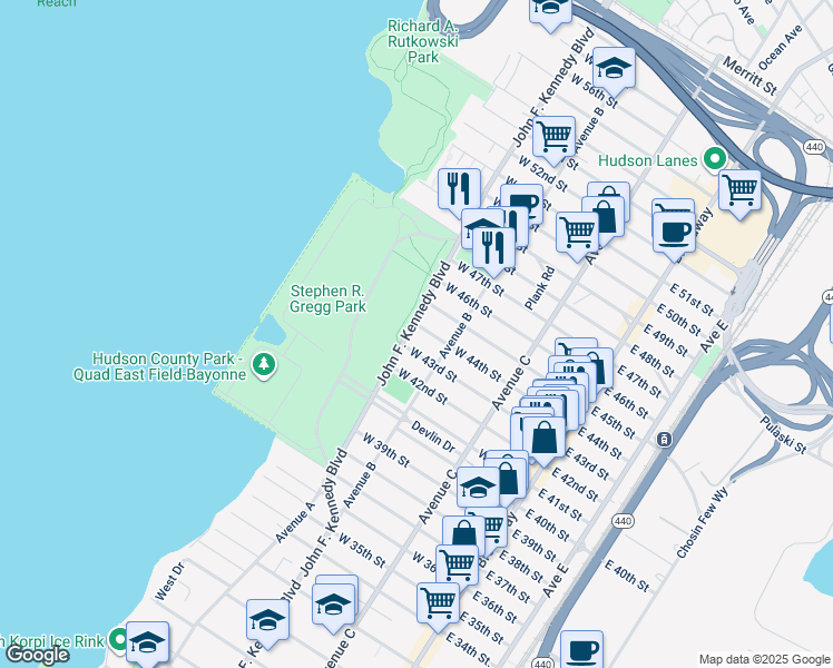 map of restaurants, bars, coffee shops, grocery stores, and more near 1040 John F. Kennedy Boulevard in Bayonne