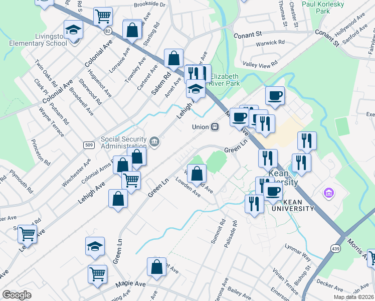 map of restaurants, bars, coffee shops, grocery stores, and more near 774 Green Lane in Union