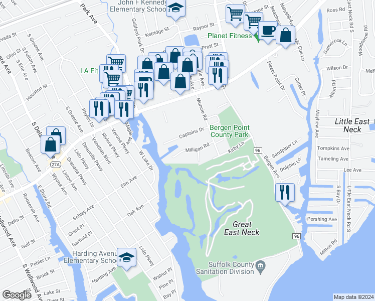 map of restaurants, bars, coffee shops, grocery stores, and more near 232 Milligan Road in West Babylon