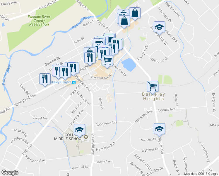 map of restaurants, bars, coffee shops, grocery stores, and more near 1 Paula Way in Berkeley Heights