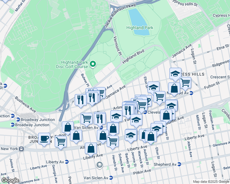 map of restaurants, bars, coffee shops, grocery stores, and more near Jamaica Ave & Barbey St in Brooklyn