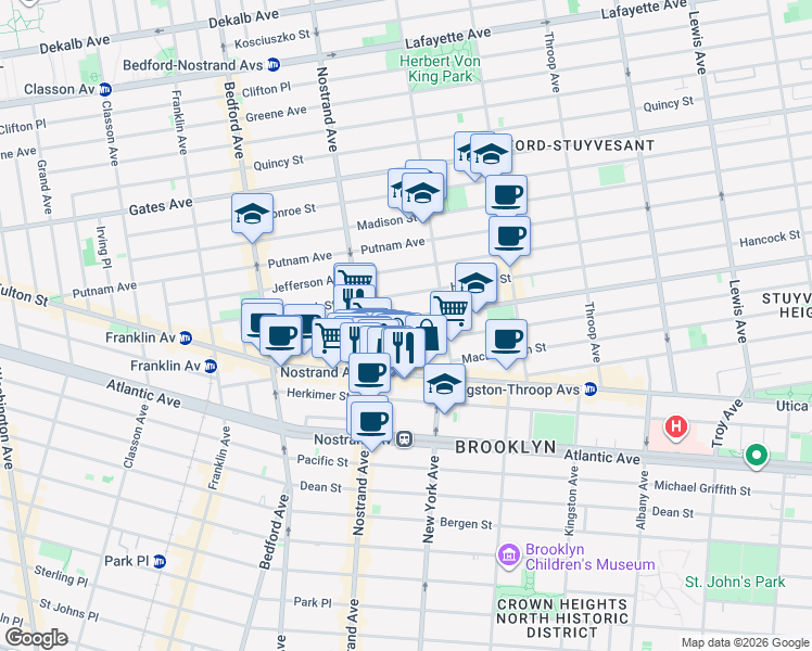 map of restaurants, bars, coffee shops, grocery stores, and more near 67 Macon Street in Brooklyn
