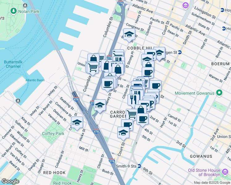 map of restaurants, bars, coffee shops, grocery stores, and more near 154 Carroll Street in Brooklyn