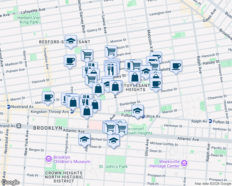 map of restaurants, bars, coffee shops, grocery stores, and more near 393 Lewis Avenue in Brooklyn