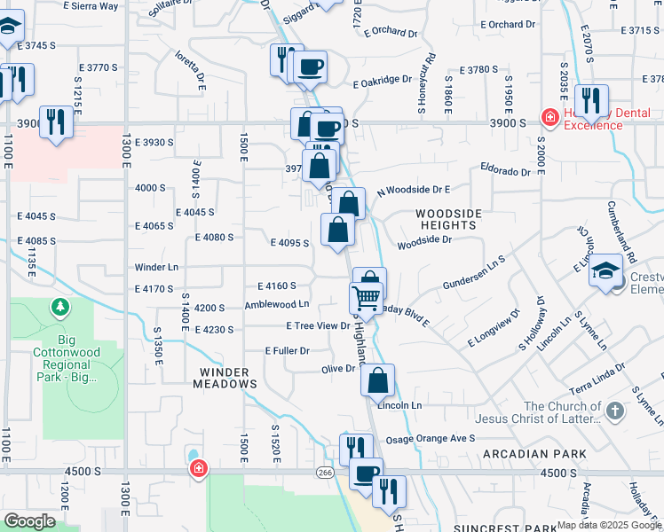 map of restaurants, bars, coffee shops, grocery stores, and more near 4132 South Winder Ward Drive in Millcreek
