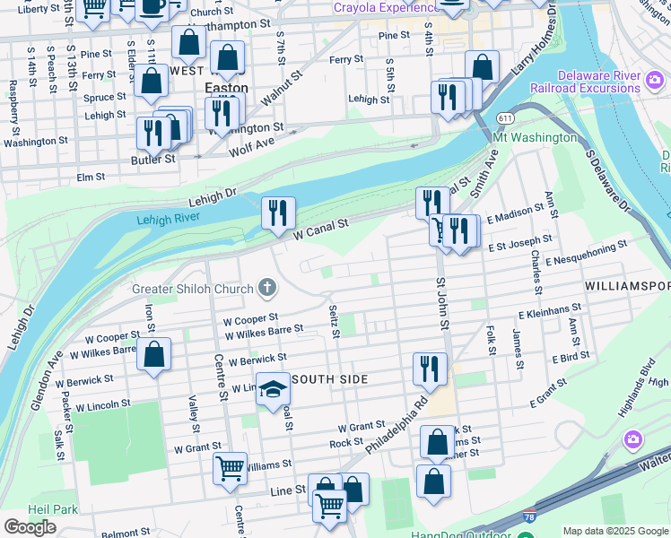 map of restaurants, bars, coffee shops, grocery stores, and more near 390 West Saint Joseph Street in Easton