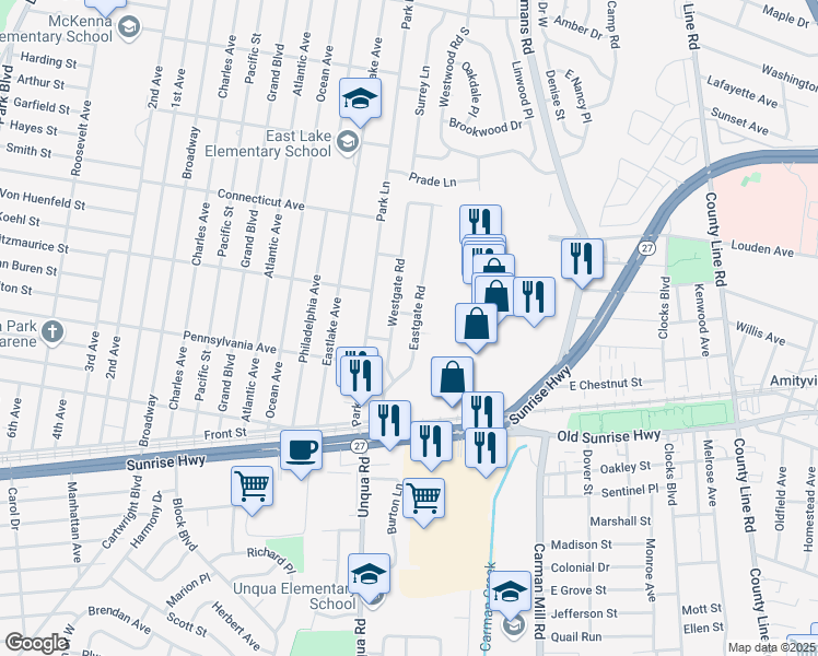 map of restaurants, bars, coffee shops, grocery stores, and more near 62 Eastgate Road in Massapequa Park