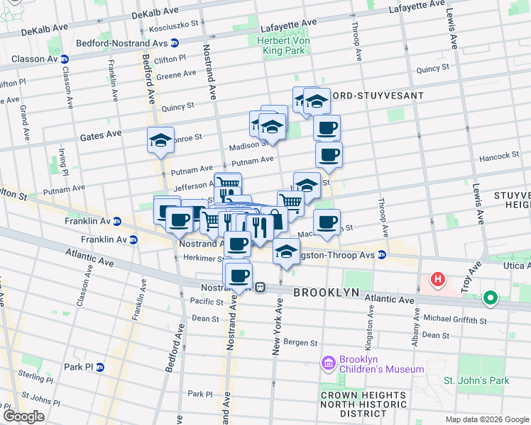 map of restaurants, bars, coffee shops, grocery stores, and more near 146 Halsey Street in Brooklyn