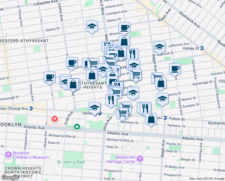 map of restaurants, bars, coffee shops, grocery stores, and more near 360 Decatur Street in Brooklyn
