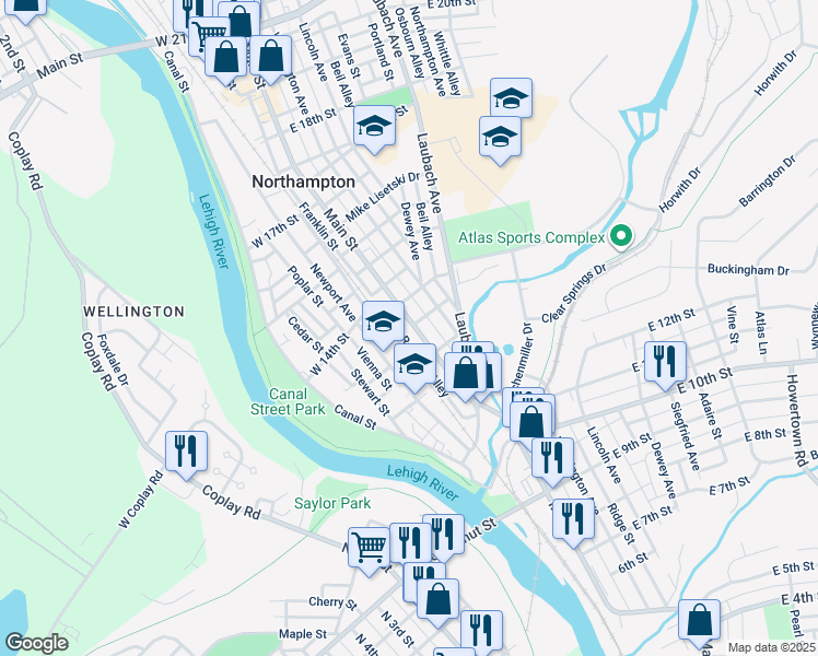 map of restaurants, bars, coffee shops, grocery stores, and more near 1344 Main Street in Northampton