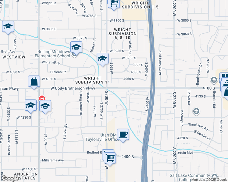 map of restaurants, bars, coffee shops, grocery stores, and more near 2646 West Greyhackle Lane in Taylorsville