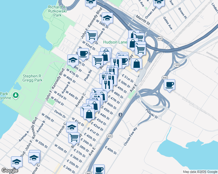 map of restaurants, bars, coffee shops, grocery stores, and more near 990 Broadway in Bayonne
