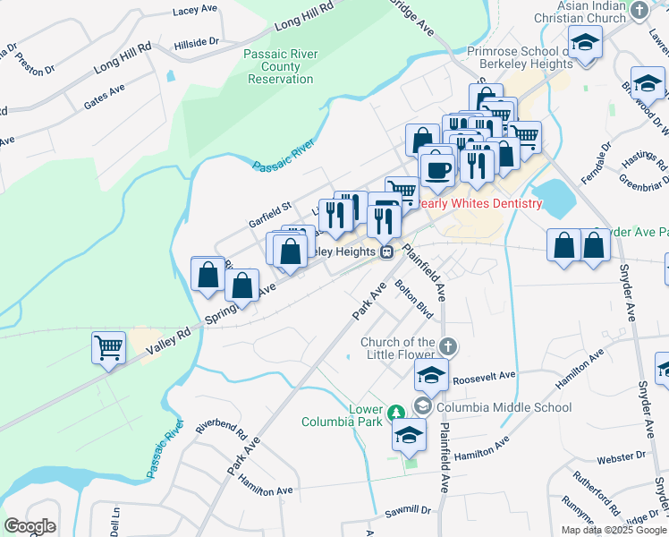 map of restaurants, bars, coffee shops, grocery stores, and more near 94 Sherman Avenue in Berkeley Heights
