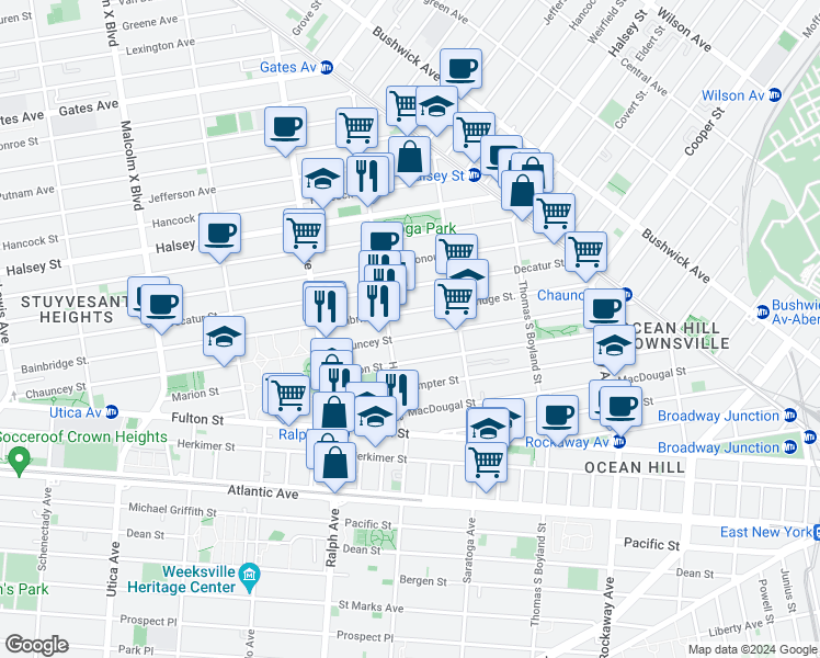 map of restaurants, bars, coffee shops, grocery stores, and more near 346A Chauncey Street in Brooklyn
