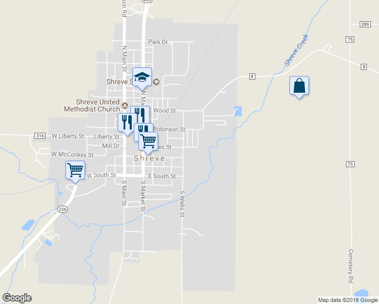 map of restaurants, bars, coffee shops, grocery stores, and more near 325 Jones Street in Shreve