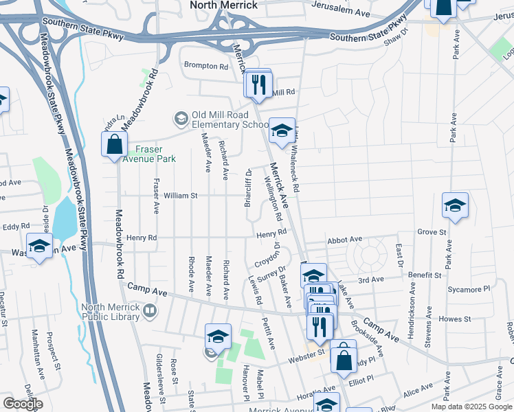 map of restaurants, bars, coffee shops, grocery stores, and more near 5 Chelsea Drive in Merrick