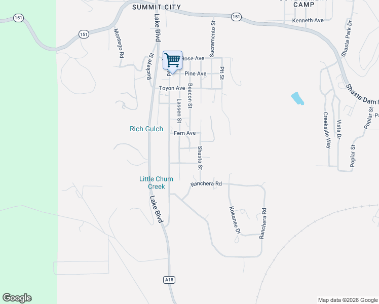 map of restaurants, bars, coffee shops, grocery stores, and more near 13101 Beacon St in Shasta Lake