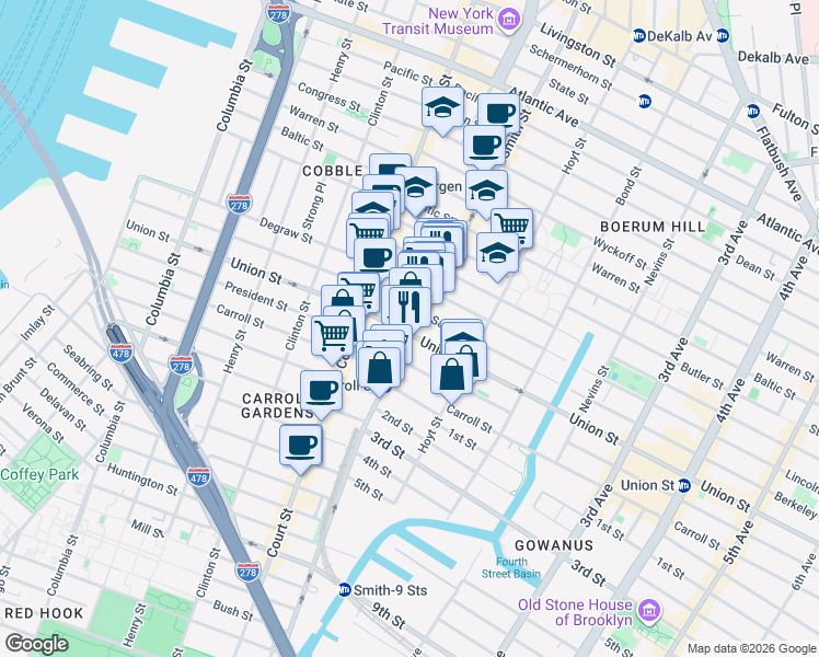 map of restaurants, bars, coffee shops, grocery stores, and more near 351 Union Street in Brooklyn