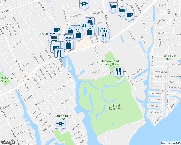 map of restaurants, bars, coffee shops, grocery stores, and more near 235 Milligan Road in West Babylon