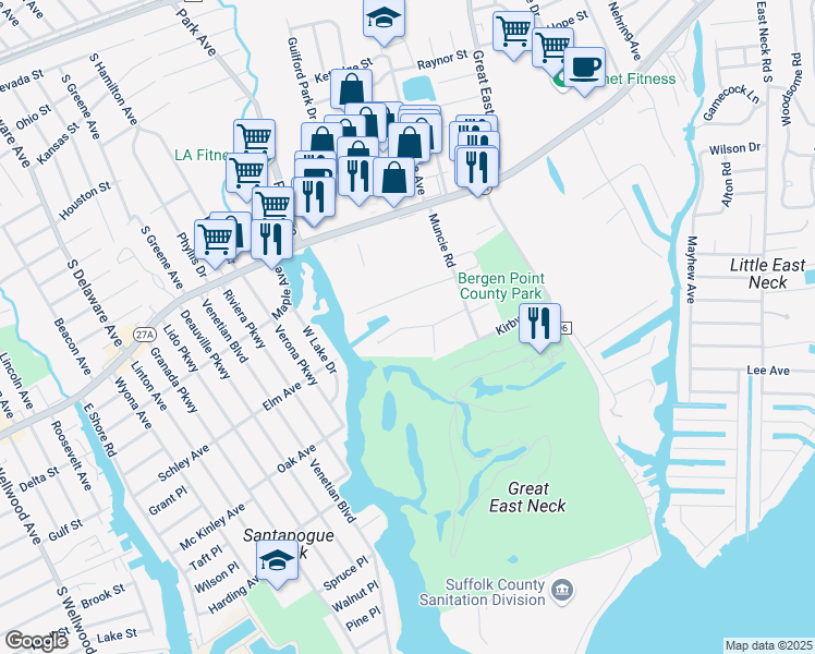 map of restaurants, bars, coffee shops, grocery stores, and more near 161 Milligan Road in West Babylon