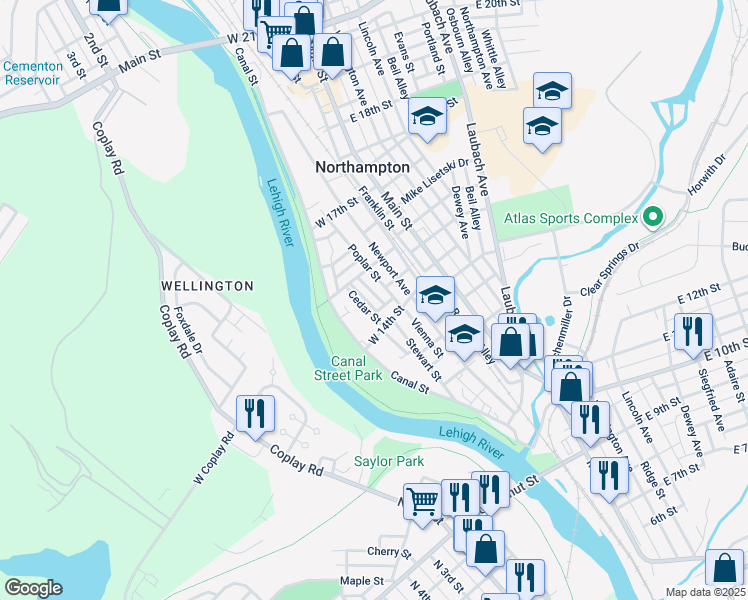 map of restaurants, bars, coffee shops, grocery stores, and more near 1437 Doris Street in Northampton