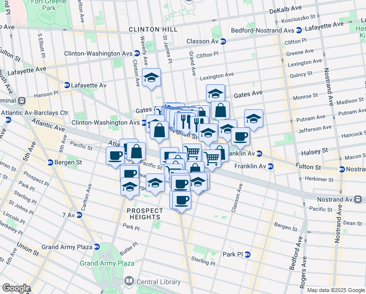 map of restaurants, bars, coffee shops, grocery stores, and more near Saint James Place & Lefferts Place in Brooklyn