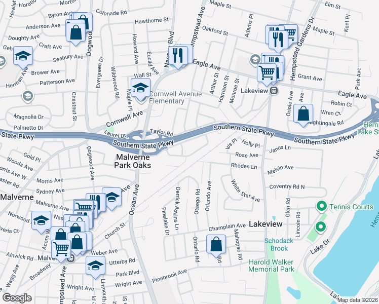 map of restaurants, bars, coffee shops, grocery stores, and more near 564 Mohawk Road East in West Hempstead