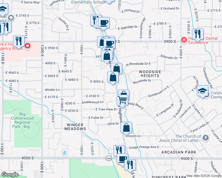 map of restaurants, bars, coffee shops, grocery stores, and more near 4130 South Winder Ward Drive in Millcreek