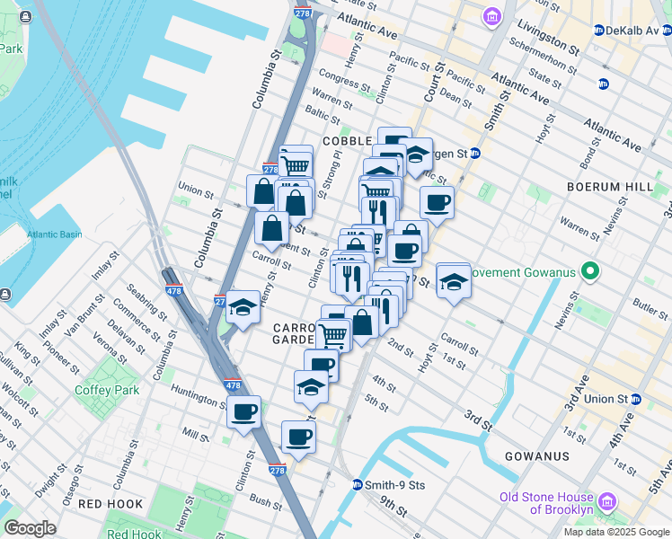 map of restaurants, bars, coffee shops, grocery stores, and more near 423 Clinton Street in Brooklyn