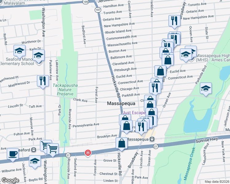 map of restaurants, bars, coffee shops, grocery stores, and more near 566 Hicksville Road in Massapequa