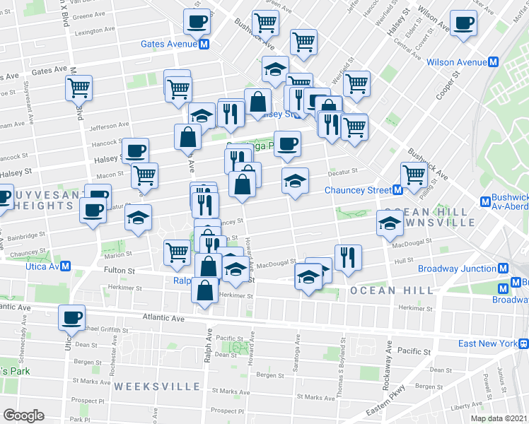 map of restaurants, bars, coffee shops, grocery stores, and more near 397 Chauncey Street in Brooklyn