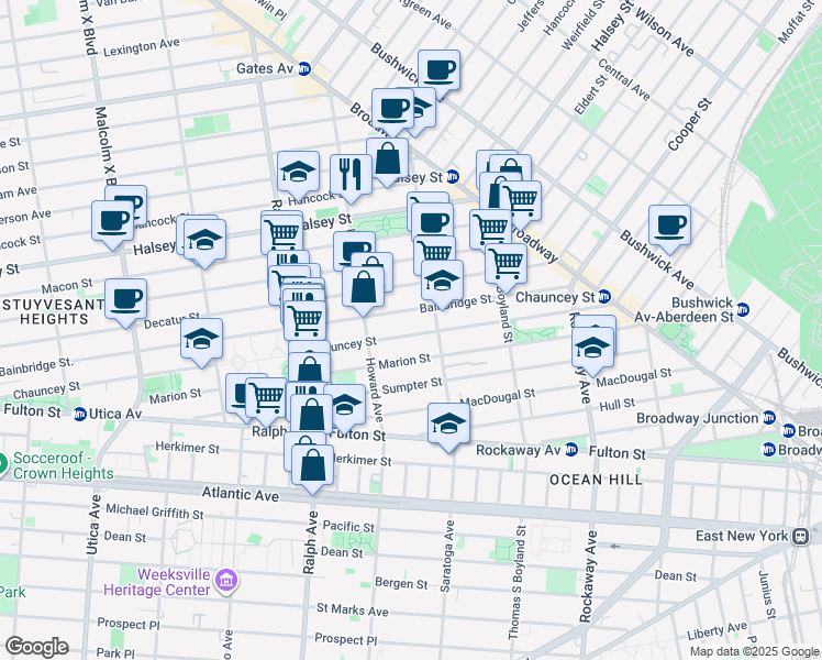 map of restaurants, bars, coffee shops, grocery stores, and more near 411 Chauncey Street in Brooklyn