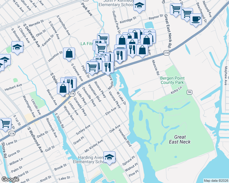 map of restaurants, bars, coffee shops, grocery stores, and more near 145 West Lake Drive in Lindenhurst