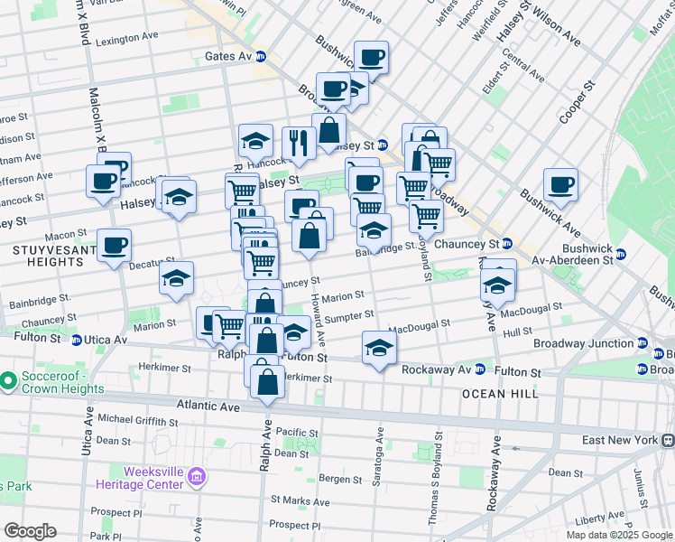 map of restaurants, bars, coffee shops, grocery stores, and more near 346A Chauncey Street in Brooklyn
