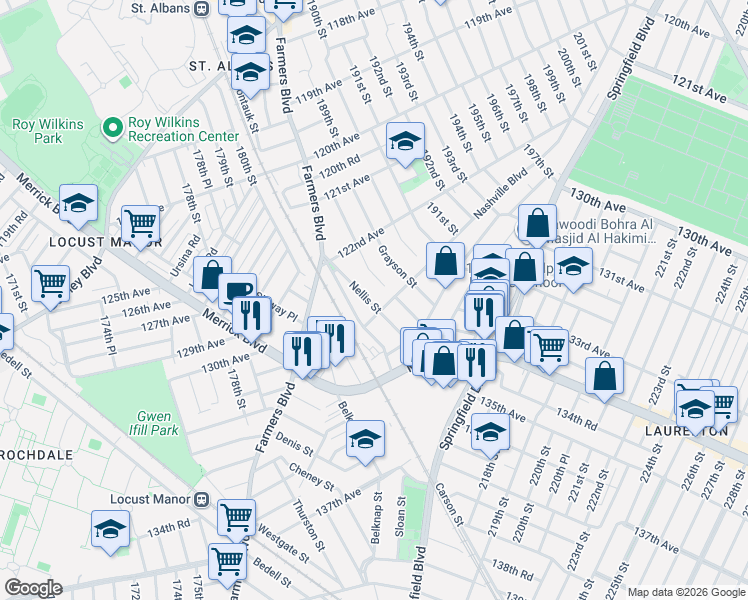 map of restaurants, bars, coffee shops, grocery stores, and more near 185-19 Nashville Boulevard in Queens