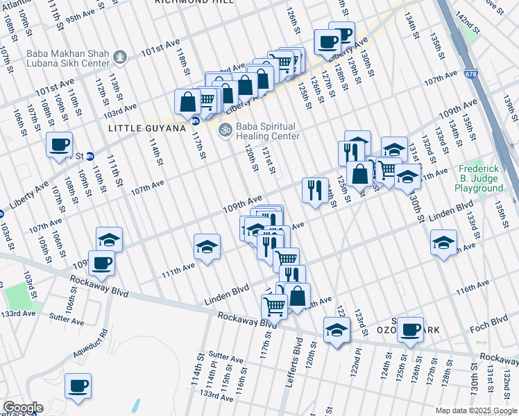 map of restaurants, bars, coffee shops, grocery stores, and more near 109-34 120th Street in Queens