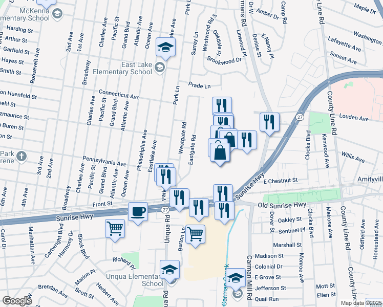 map of restaurants, bars, coffee shops, grocery stores, and more near Eastgate Road in Massapequa Park