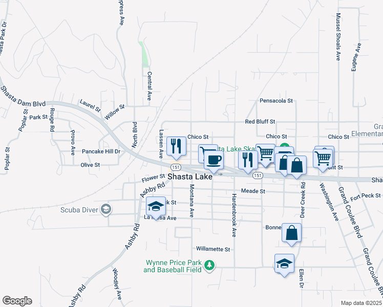 map of restaurants, bars, coffee shops, grocery stores, and more near 4210 Main Street in Shasta Lake