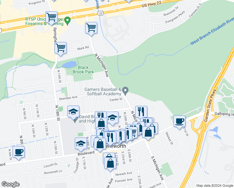 map of restaurants, bars, coffee shops, grocery stores, and more near Boyd Terrace in Kenilworth