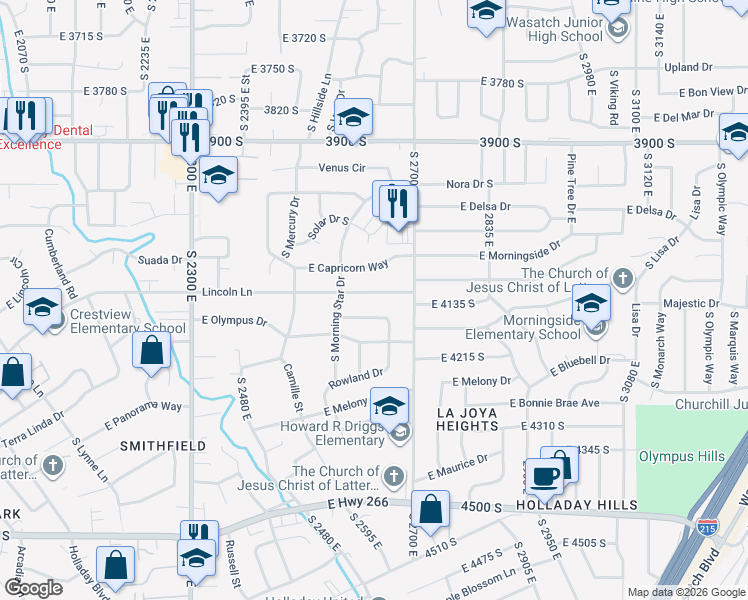 map of restaurants, bars, coffee shops, grocery stores, and more near 2651 Cecil Drive in Holladay